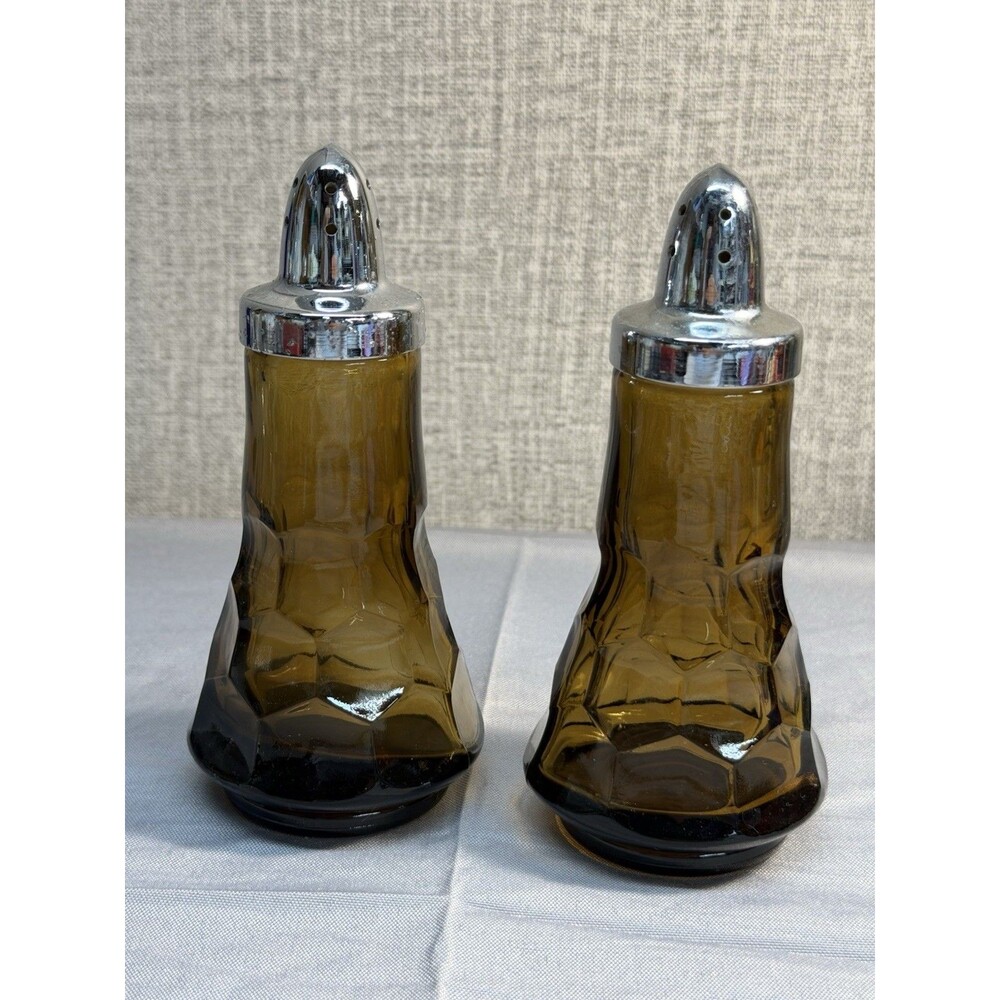 Viking Amber Salt Pepper Shaker Set Honeycomb Thumbprint